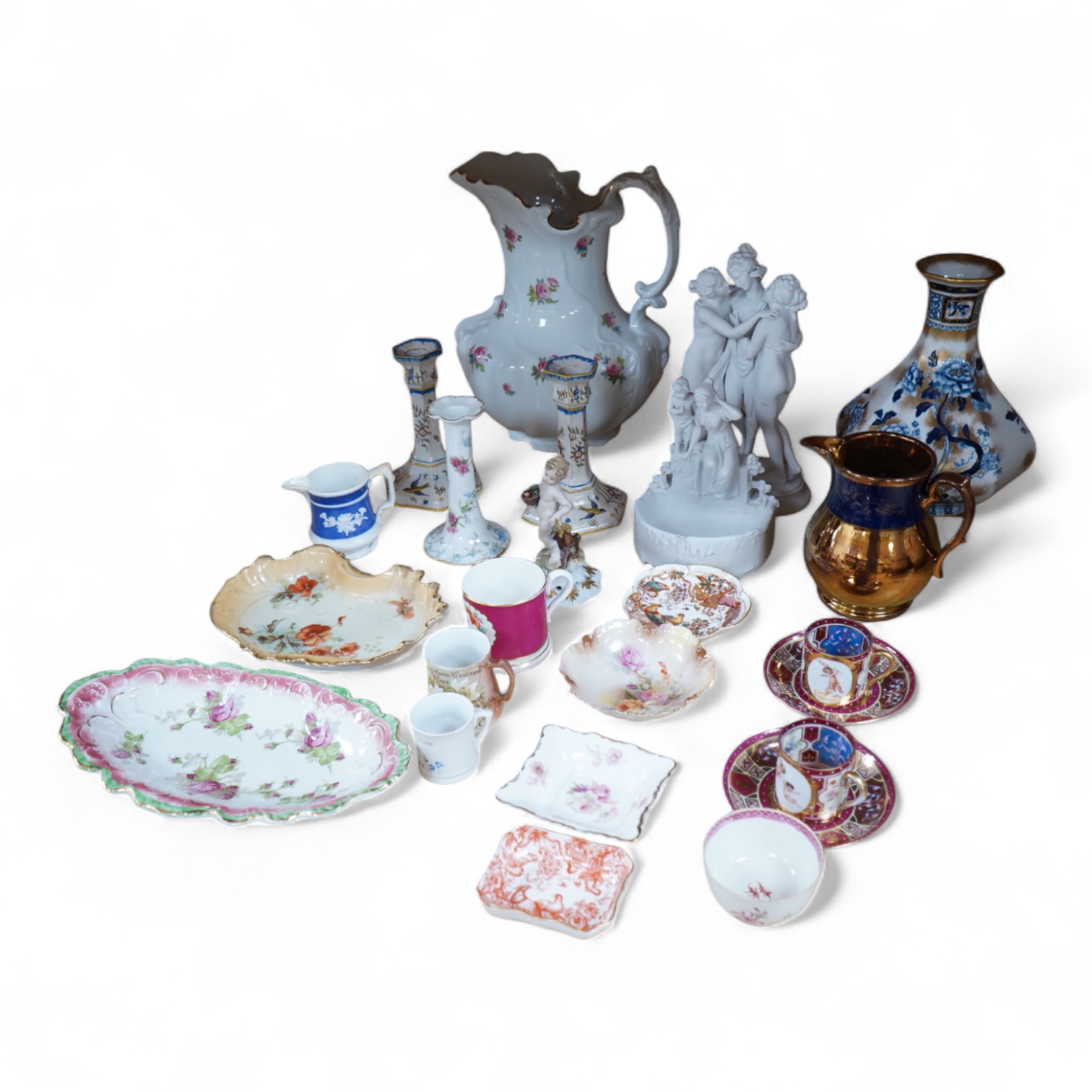 A bisque figure group of the Three Graces - 27cm high, a smaller smaller bisque figure, a pair of Vienna style coffee cans and saucers and a collection of mixed floral china. (22)